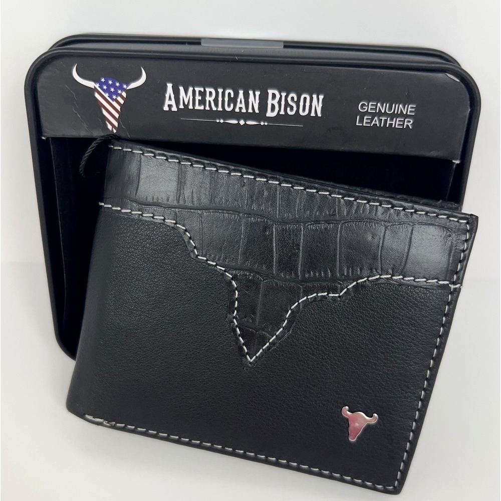 American Bison Genuine Leather Wallet Black Croc Embossed Bifold Metal Logo NEW